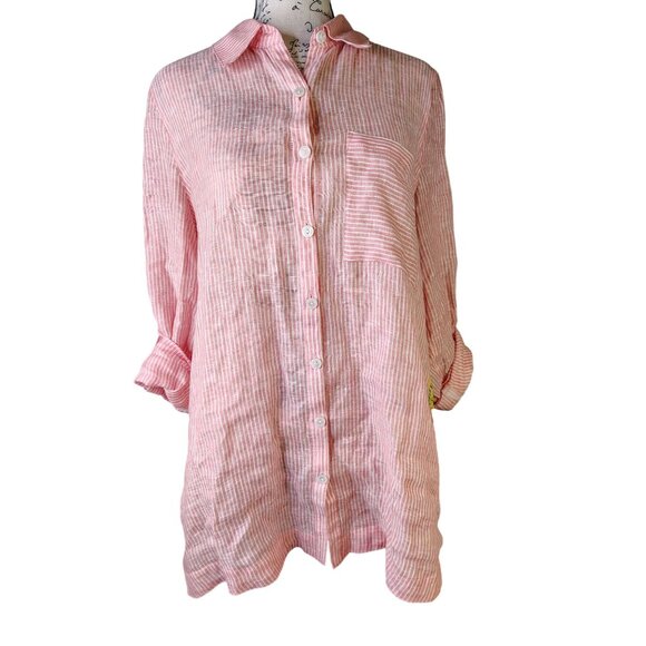 Soft Surroundings Medium Button Front Shirt Red White Stripe, Yellow Flower Boho - Picture 4 of 7